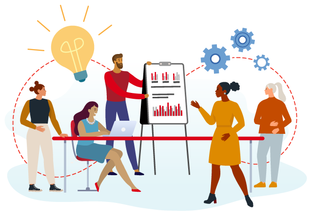 Illustration of five people collaborating on a project