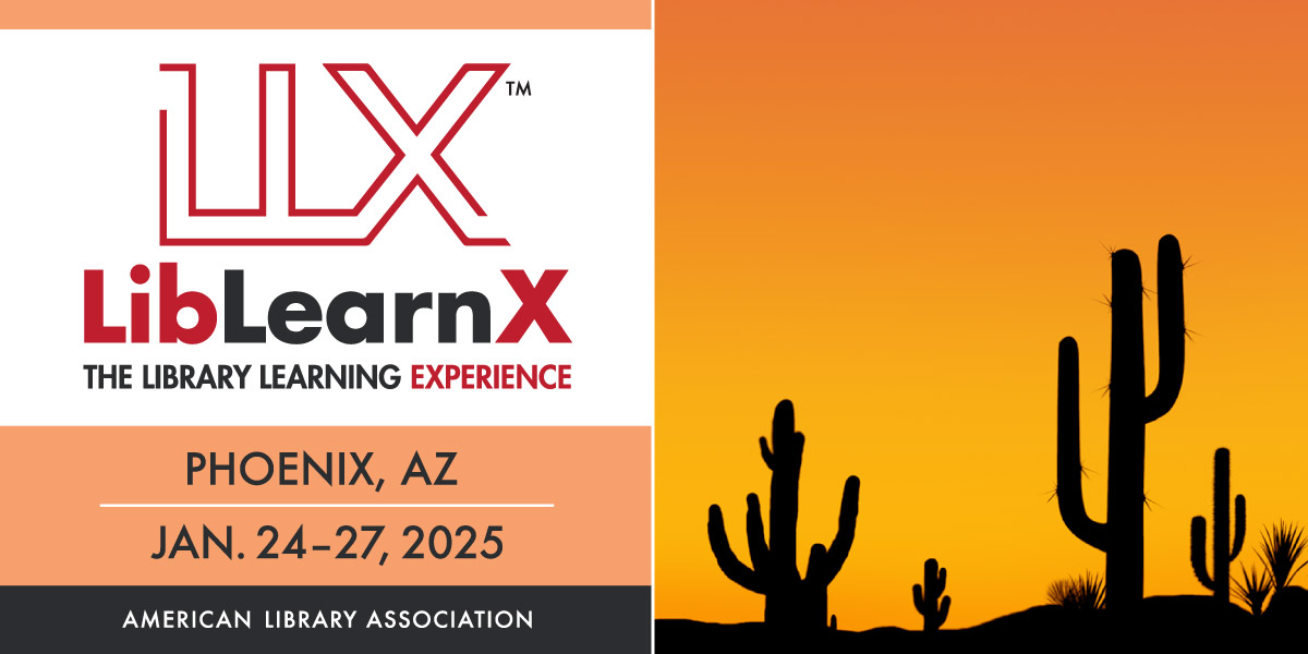 Logo for LibLearnX, The Library Learning Experience, Phoenix AZ, January 24–27, 2025 with a photo of the desert at sunset