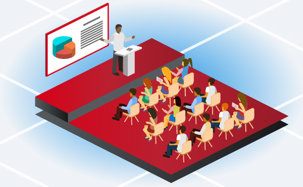 LLX ShopTalks illustration: speaker on a stage in front of a seated audience